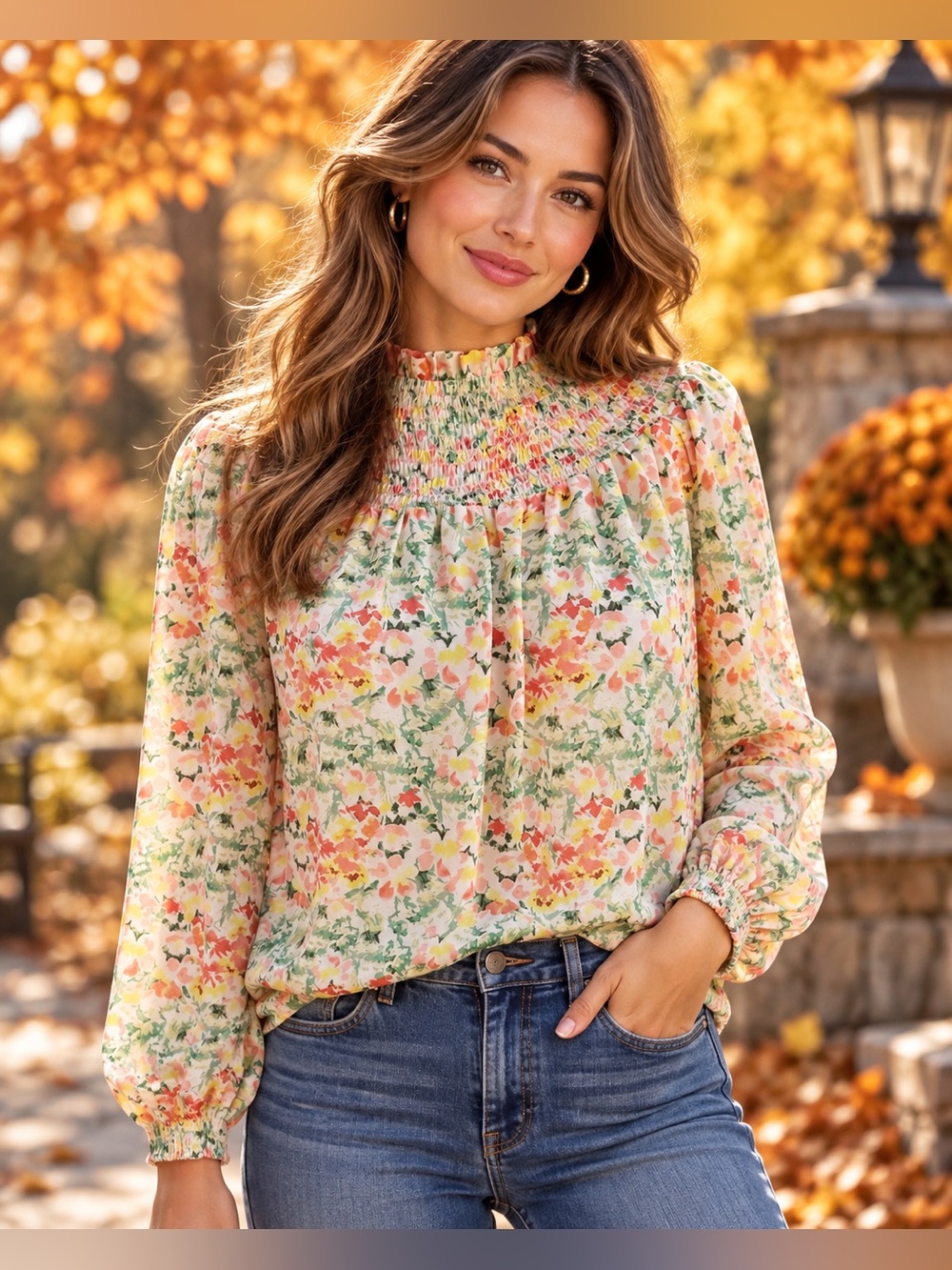 LOFT Floral Smocked Neck Long Sleeve Blouse XS Pink Green Cottagecore